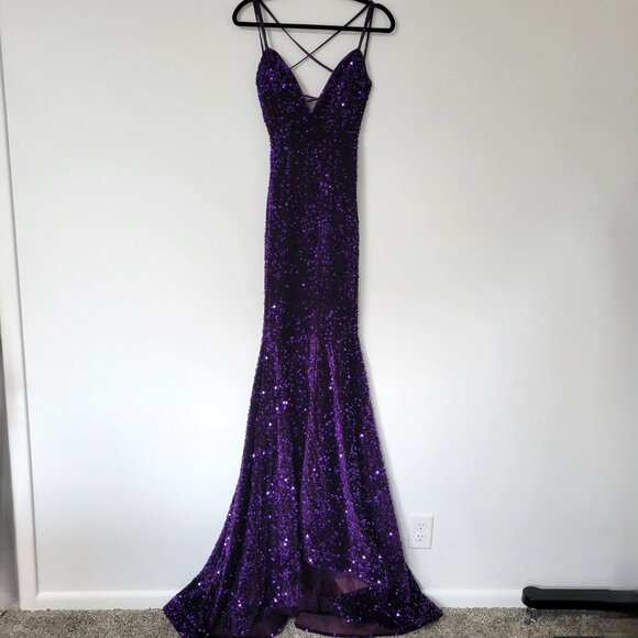 Faeriesty Purple Velvet and Sequin Mermaid Evening Gown Size XS V-Neck Formal - Picture 1 of 16